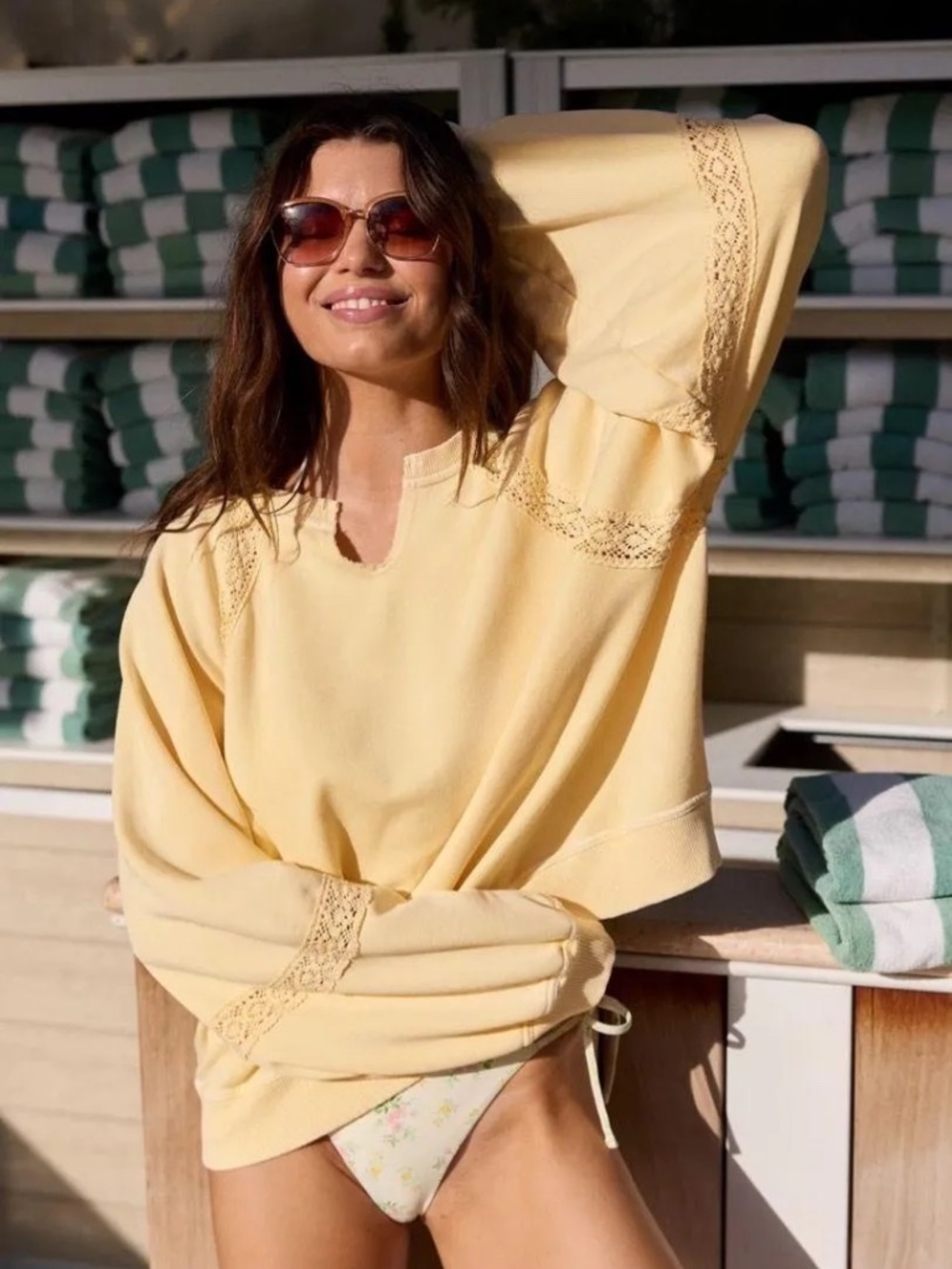 Aerie Hey Crochet Sweatshirt Sz S Yellow